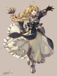  1girl armor blonde_hair breastplate brown_gloves dress fantasy full_body gloves greaves green_eyes highres holding holding_sword holding_weapon knight kotatsu_(g-rough) long_hair open_mouth original outstretched_arm solo sword very_long_hair weapon 
