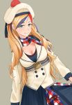  1girl beret blonde_hair blue_eyes blue_hair commandant_teste_(kantai_collection) cowboy_shot double-breasted dutch_angle facing_viewer grey_background hat kantai_collection long_hair looking_at_viewer multicolored_hair plaid plaid_scarf pom_pom_(clothes) redhead scarf smile solo streaked_hair testame white_hair 