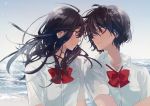  2girls ahoge black_hair blue_sky bow bowtie brown_eyes closed_mouth collarbone day eye_contact floating_hair fly_333 horizon long_hair looking_at_another multiple_girls ocean original parted_lips profile red_bow red_bowtie school_uniform shirt short_hair short_sleeves sky upper_body water white_shirt wind 