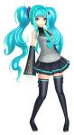  1girl :3 bare_shoulders blue_eyes boots crossover detached_sleeves hatsune_miku headphones long_hair necktie seeu skirt solo tagme thigh_highs vocaloid wavy_hair 