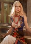  1girl absurdres ankh bangs blonde_hair breasts cleavage eyebrows faux_traditional_media green_eyes guo_jiayi highres jewelry keira_metz lips long_hair medium_breasts necklace nose pearl_necklace sitting sleeveless solo swept_bangs the_witcher the_witcher_3 