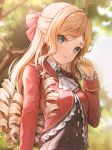  1girl blonde_hair blurry blurry_background brooch claire_francois day drill_hair hand_up highres jewelry long_hair long_sleeves looking_at_viewer lunacle outdoors standing tree uniform upper_body watashi_no_oshi_wa_akuyaku_reijou 