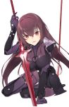  1girl bodysuit breasts fate/grand_order fate_(series) gae_bolg hayashi_kewi holding holding_weapon large_breasts long_hair looking_at_viewer parted_lips pauldrons purple_hair scathach_(fate/grand_order) simple_background sitting smile solo violet_eyes weapon white_background 
