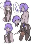  1girl assassin_(fate/prototype_fragments) blush chibi dark_skin fate/grand_order fate/prototype fate/prototype:_fragments_of_blue_and_silver fate_(series) highres looking_at_viewer mask nari purple_hair short_hair skull solo translation_request violet_eyes 