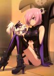  1girl absurdres armor armored_dress blush elbow_gloves fate/grand_order fate_(series) fou_(fate/grand_order) gloves highres navel purple_hair shield shielder_(fate/grand_order) short_hair sitting smile violet_eyes 