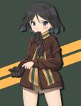  1girl a9b_(louis814) absurdres bandage_on_face black_hair blue_eyes blush bomber_jacket brave_witches gloves highres jacket kanno_naoe looking_at_viewer mouth_hold putting_on_gloves scarf short_hair solo world_witches_series 