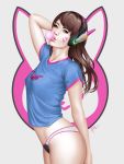  1girl arm_behind_head artist_name asian blue_shirt breasts brown_eyes brown_hair bubble_blowing casual character_name chewing_gum cowboy_shot d.va_(overwatch) emanuel_mendez emblem facepaint facial_mark from_side headphones long_hair looking_at_viewer looking_to_the_side no_pants overwatch panties parted_lips shirt short_sleeves signature simple_background small_breasts solo t-shirt underwear whisker_markings white_background 