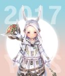  1girl 2017 belt dress eu_(euspia) final_fantasy final_fantasy_xiv gloves hood horns lalafell long_hair pointy_ears smile solo staff violet_eyes weapon white_dress white_hair 