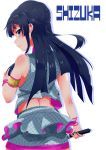  1girl absurdres artist_request bare_shoulders black_hair blue_eyes blush character_name highres idolmaster idolmaster_million_live! long_hair looking_back microphone midriff mogami_shizuka profile solo 