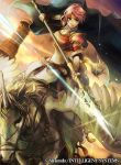  1girl arm_guards armor blue_eyes breastplate cape company_connection copyright_name elbow_gloves fingerless_gloves fire_emblem fire_emblem:_souen_no_kiseki fire_emblem_cipher gloves holding holding_weapon horn horseback_riding image_sample jewelry marcia pauldrons pegasus pegasus_knight pink_hair pixiv_sample polearm riding serious short_hair solo spear sunset tiara wadadot_lv weapon wings 