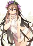  &gt;:d 1girl :d alternate_costume backless backless_outfit bad_arm bare_shoulders blue_eyes blush body_blush breasts brown_hair clothes_pull cowboy_shot eyebrows_visible_through_hair finger_to_mouth floral_background flower granblue_fantasy hair_between_eyes hair_flower hair_ornament hairband large_breasts leaning_forward long_hair looking_at_viewer naked_sweater open_mouth pulled_by_self purple_rose ribbed_sweater rose rosetta_(granblue_fantasy) shiny shiny_skin shiyun sideboob sleeveless smile solo standing sweater sweater_pull thighs tsurime turtleneck turtleneck_sweater very_long_hair virgin_killer_sweater white_sweater 