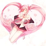  1girl bison_cangshu boots closed_eyes detached_sleeves flower full_body hair_flower hair_ornament hatsune_miku heart heart_hands long_hair necktie open_mouth petals pink_hair skirt solo thigh-highs thigh_boots twintails very_long_hair vocaloid white_background 