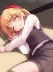  1girl bangs black_skirt black_vest blonde_hair hair_ribbon light_particles long_sleeves lying lzh on_side parted_lips red_ribbon ribbon rumia skirt skirt_set sleeping solo sunlight tatami touhou vest 