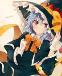  1girl adjusting_clothes adjusting_hat blue_hair blush capelet dutch_angle fingerless_gloves gloves hat looking_at_viewer original shiina_kuro solo twitter_username violet_eyes witch_hat 