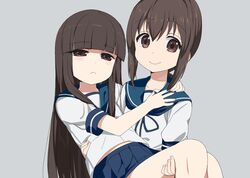  2girls bangs black_hair blue_skirt blunt_bangs brown_eyes carrying fubuki_(kantai_collection) grey_background hatsuyuki_(kantai_collection) hime_cut kantai_collection kusaka_souji long_hair looking_at_viewer low_ponytail multiple_girls pleated_skirt ponytail princess_carry school_uniform serafuku short_ponytail sidelocks skirt smile yuri 