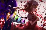  1girl absurdres bangs blonde_hair blood blurry bow closed_mouth cravat crystal eyelashes flandre_scarlet floating_hair flower frilled_sleeves frills from_side hair_bow hat highres holding holding_flower looking_at_viewer miu_(pixiv4149478) mob_cap one_side_up petals profile puffy_short_sleeves puffy_sleeves red_eyes red_ribbon red_rose red_skirt red_vest ribbon rose shards short_sleeves skirt skirt_set smile solo touhou upper_body vest wings 