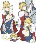  1girl armor armored_dress artoria_pendragon_lancer_(fate/grand_order) blonde_hair blush breasts chibi fate/grand_order fate/stay_night fate_(series) green_eyes highres large_breasts long_hair nari rhongomyniad saber solo translation_request weapon 