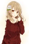  1girl :p brown_eyes brown_hair flower hair_flower hair_ornament index_finger_raised jewelry long_hair necklace original shiina_kuro solo sweater tongue tongue_out upper_body 