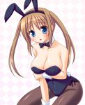  1girl animal_ears blue_eyes blush breasts brown_hair bunny_ears bunny_tail bunnysuit cleavage looking_at_viewer miu_(c_blue) original pantyhose solo tail twintails wrist_cuffs 
