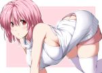  1girl all_fours alternate_costume ass bare_shoulders breasts butt_crack highres large_breasts looking_at_viewer nori_tamago pink_background pink_hair red_eyes saigyouji_yuyuko short_hair shorts solo sweater thigh-highs touhou virgin_killer_sweater white_background white_legwear white_sweater 