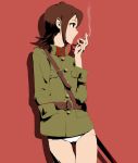  1girl brown_eyes brown_hair cigarette hair_ornament hairclip hand_in_pocket idolmaster idolmaster_million_live! kasuga_mirai looking_away military military_uniform one_side_up panties profile shuuto_(shu-toritu) simple_background solo underwear uniform white_panties 