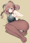  1girl alternate_costume backless_outfit blue_eyes blush breasts brown_background brown_hair clothes_pull covering covering_crotch dress eyebrows_visible_through_hair feet halterneck hat highres kantai_collection large_breasts long_hair looking_at_viewer lying nylon on_side pantyhose red_belt saratoga_(kantai_collection) shadow side_ponytail sideboob simple_background smokestack solo sweater sweater_dress sweater_pull turtleneck turtleneck_sweater virgin_killer_sweater 