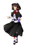  1girl :d absurdres baba_(baba_seimaijo) black_hair black_skirt bobby_socks bow bowtie brown_eyes brown_shoes capelet dress_shirt fedora full_body hair_bow hat hat_bow highres long_sleeves open_mouth red_bow red_bowtie shirt shoes short_hair skirt smile socks solo standing touhou usami_renko white_bow white_legwear white_shirt 