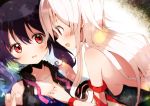  2girls :d bare_shoulders black_hair blue_bra blush bokkun_(doyagaobyo) bow bow_bra bra breasts chiya_(urara_meirochou) cleavage collarbone diffraction_spikes dutch_angle eyebrows_visible_through_hair fang hair_between_eyes long_hair looking_at_another medium_breasts multiple_girls open_mouth parted_lips profile red_eyes sideboob sideways_mouth smile sparkle twintails underwear urara_meirochou wavy_mouth white_hair yukimi_koume 