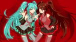  2girls bare_shoulders black_hair blue_eyes blue_hair boots detached_sleeves hands_on_hips hatsune_miku headphones necktie painted_nails red_eyes satisfaction_(vocaloid) skirt tagme thigh_highs very_long_hair wallpaper zatsune_miku 