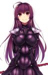  1girl ahoge beeyan blush bodysuit breasts covered_navel fate/grand_order fate_(series) gae_bolg highres holding holding_weapon long_hair looking_at_viewer pauldrons purple_hair scathach_(fate/grand_order) simple_background solo violet_eyes weapon white_background 