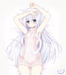  1girl alternate_costume armpits backless_outfit blue_eyes breasts dress halterneck hibiki_(kantai_collection) highres kanitama kantai_collection long_hair looking_at_viewer lying naked_sweater on_back open-back_dress ribbed_sweater sideboob signature silver_hair solo sweater sweater_dress turtleneck turtleneck_sweater virgin_killer_sweater 