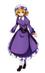  1girl absurdres arms_at_sides baba_(baba_seimaijo) bangs belt blonde_hair blush breasts brown_shoes dress full_body hat highres juliet_sleeves loafers long_sleeves maribel_hearn medium_breasts mob_cap parted_lips puffy_sleeves purple_dress shoes short_hair smile solo standing touhou white_legwear yellow_eyes 
