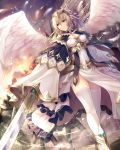  1girl angel_wings armor armored_dress bangs blonde_hair breasts cape cleavage closed_mouth feathered_wings hair_between_eyes headpiece highres holding holding_sword holding_weapon knight long_hair medium_breasts noe_noel original pelvic_curtain solo_focus sword thigh-highs weapon white_legwear white_wings wings yellow_eyes 