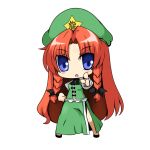  1girl blue_eyes blush_stickers bow braid chibi chinese_clothes eyebrows_visible_through_hair hair_bow hat hong_meiling long_hair looking_at_viewer musashino_udon neck_ribbon open_mouth pointing pointing_at_viewer puffy_short_sleeves puffy_sleeves redhead ribbon shoes short_sleeves side_slit solo star tangzhuang touhou twin_braids white_background 