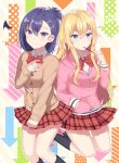  2girls asymmetrical_bangs bangs black_legwear blonde_hair blue_eyes blush bow bowtie cardigan clenched_hand closed_mouth collared_shirt cross-laced_footwear directional_arrow dress_shirt eating eyebrows_visible_through_hair food gabriel_dropout hair_between_eyes hair_ornament hairclip hand_on_own_chest head_tilt holding holding_food hood hoodie izumo_neru kneehighs legs_up long_hair looking_at_viewer messy_hair multiple_girls plaid plaid_skirt pleated_skirt pocky purple_hair red_bow red_bowtie red_skirt school_uniform shirt shoes skirt sleeves_past_wrists smile sneakers tenma_gabriel_white tsukinose_vignette_april very_long_hair violet_eyes wing_collar x_hair_ornament 