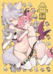  2girls :o animal_ears armlet armor ass bare_shoulders bikini_armor blade_(galaxist) boots breasts bright_pupils character_request cleavage cover cover_page detached_collar earrings emelia_pris fang flat_chest gloves grey_footwear hug jewelry low_wings multiple_girls navel parted_lips pink_eyes pink_footwear pink_hair pointy_ears pop-up_story rita_drake short_hair short_twintails silver_hair small_breasts smile tail thigh-highs thigh_gap twintails white_legwear wings yellow_background yellow_eyes 