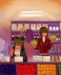  anchovy bell_pepper brown_hair cabbage comparison girls_und_panzer highres jacket long_hair market multiple_girls nishizumi_maho pepper ponytail shopping short_hair sitirouta_t sweater turtleneck turtleneck_sweater 