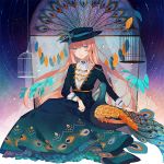  1girl animal bird birdcage blue_eyes blue_hat boater_hat cage commentary_request dress feathers fen_renlei gothic_lolita gradient gradient_background gradient_dress hat layered_dress lolita_fashion long_dress long_hair long_sleeves megurine_luka peacock pink_hair print_dress sitting smile star_(sky) star_trail tagme vocaloid 