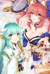  2girls animal_ears blush bow breasts cleavage collarbone detached_sleeves fate/extra fate/grand_order fate_(series) fox_ears fox_tail green_hair hair_bow hair_ribbon highres horns japanese_clothes kimono kiyohime_(fate/grand_order) large_breasts long_hair looking_at_viewer multiple_girls open_mouth pink_hair ribbon tail tamamo_(fate)_(all) tamamo_no_mae_(fate) tokikouhime yellow_eyes 