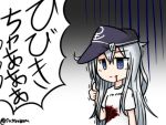  &gt;:) 1girl alternate_costume blood blood_from_mouth bloody_clothes blue_eyes commentary empty_eyes english flat_cap hat hibiki_(kantai_collection) kantai_collection long_hair raythalosm shirt silver_hair solo t-shirt thumbs_up translated trembling twitter_username 