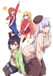  &gt;_&lt; 4girls :3 :d :o aran_sweater arm_up barefoot beret between_legs blonde_hair casual clenched_hands closed_eyes clothes_writing commentary_request cross_hair_ornament gabriel_dropout hair_ornament hairclip hand_between_legs hands_in_pockets hat highres jacket jpeg_artifacts kurumizawa_satanichia_mcdowell lavender_hair long_hair multiple_girls no_pants open_mouth overalls pantyhose pantyhose_under_shorts redhead shiraha_raphiel_ainsworth shorts smile sweater tenma_gabriel_white track_jacket tsukinose_vignette_april turtleneck ukami very_long_hair violet_eyes x_hair_ornament yellow_eyes 