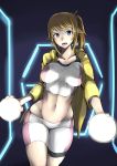  1girl :d bangs bike_shorts blue_eyes blush breasts brown_hair cockpit collarbone cowboy_shot gggg gundam gundam_build_fighters gundam_build_fighters_try hair_ornament hair_scrunchie highres hoshino_fumina jacket large_breasts looking_at_viewer midriff navel open_clothes open_jacket open_mouth ponytail scrunchie short_hair sidelocks smile solo sports_bra stomach swept_bangs 
