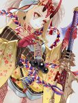  1girl :3 beads blonde_hair claws earrings facial_mark fangs fate/grand_order fate_(series) floral_print grey_background hair_ornament highres holding holding_sword holding_weapon horns ibaraki_douji_(fate/grand_order) japanese_clothes jewelry long_hair long_sleeves looking_to_the_side markings oni oni_horns pointy_ears prayer_beads rope ruisento shimenawa simple_background slit_pupils smile solo sword weapon wide_sleeves yellow_eyes 