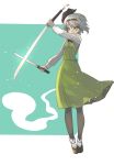  1girl aqua_background black_legwear brown_shoes dual_wielding full_body green_skirt green_vest grey_hair hairband highres katana konpaku_youmu konpaku_youmu_(ghost) long_sleeves looking_at_viewer nakano_elsa pantyhose petals reverse_grip serious shoes short_hair short_sword skirt skirt_set socks solo sword tantou touhou two-tone_background vest weapon white_background white_legwear wind 