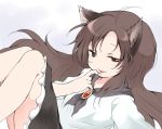  1girl :p animal_ears brown_hair dress frilled_dress frills imaizumi_kagerou long_hair nanana_(chicken_union) red_eyes smile tongue tongue_out touhou wolf_ears 