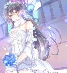  1girl absurdres amekawa_setsu bangs bare_shoulders blue_flower blue_hair blush bouquet bridal_veil bride cowboy_shot detached_sleeves dress earrings flower hair_between_eyes highres holding holding_bouquet jewelry long_hair looking_at_viewer love_live! love_live!_school_idol_project smile solo sonoda_umi strapless strapless_dress tiara veil wedding_dress white_dress yellow_eyes 