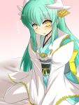  1girl aqua_hair between_legs commentary_request fate/grand_order fate_(series) gomasamune hand_between_legs headgear heart highres horns japanese_clothes kimono kiyohime_(fate/grand_order) long_hair long_sleeves looking_at_viewer obi on_bed open_mouth pink_background sash sidelocks sitting sitting_on_bed solo spoken_heart translated wariza white_legwear wide_sleeves yellow_eyes 