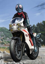  1boy antennae armor armored_bodysuit black_bodysuit blue_sky bodysuit boots bug commentary compound_eyes cyclone_(kamen_rider) forest full_body gattyo gloves glowing glowing_eyes grass grasshopper green_armor green_footwear green_gloves green_helmet helmet highres kamen_rider kamen_rider_1_(shin) lake landscape leather_suit looking_ahead male_focus mask motor_vehicle motorcycle mountain nature on_motorcycle outdoors red_eyes red_scarf rider_belt riding rock scarf shin_kamen_rider short_hair sky solo tokusatsu tree typhoon_(kamen_rider) 