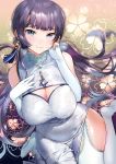  1girl bangs black_hair blue_eyes blunt_bangs blush breasts china_dress chinese_clothes cleavage cleavage_cutout covered_navel dress earrings elbow_gloves floating_hair floral_background gloves jewelry lace lace-trimmed_thighhighs large_breasts long_hair looking_at_viewer low_twintails multicolored_hair original partly_fingerless_gloves sitting sleeveless sleeveless_dress smile solo thigh-highs twintails two-tone_hair very_long_hair wariza white_gloves white_legwear yan&#039;yo_(yan&#039;yan&#039;yo) 