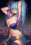  1girl absurdres adapted_costume aqua_eyes aqua_hair arcade_sona armpits arms_behind_head arms_up breasts cleavage earrings hair_ornament hairpin highres jewelry large_breasts league_of_legends looking_at_viewer navel sitting skirt smile solo sona_buvelle songjikyo thigh-highs twintails 